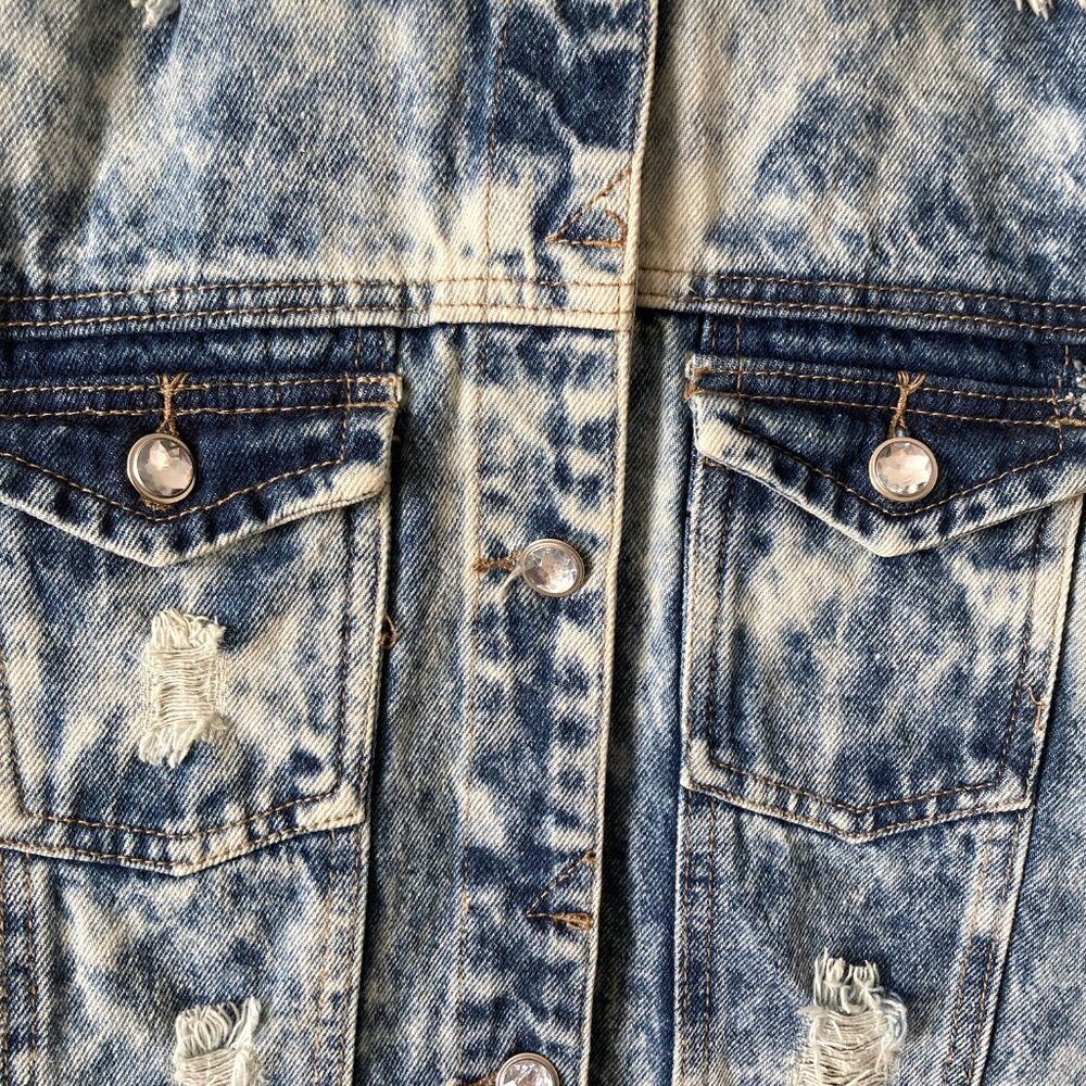 Distressed Stone‑Washed Denim Rhinestone Buttons Vest XL - Picture 4 of 10